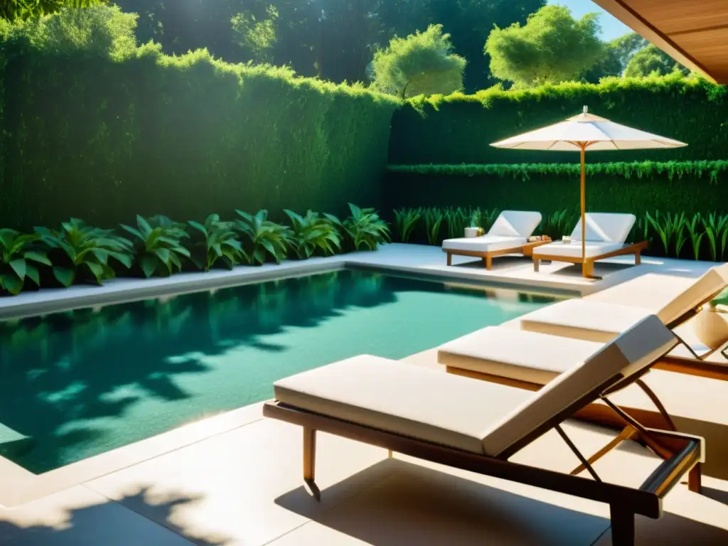 Piscina reluciente rodeada de naturaleza exuberante Una piscina reluciente rodeada de exuberante vegetación y muebles modernos