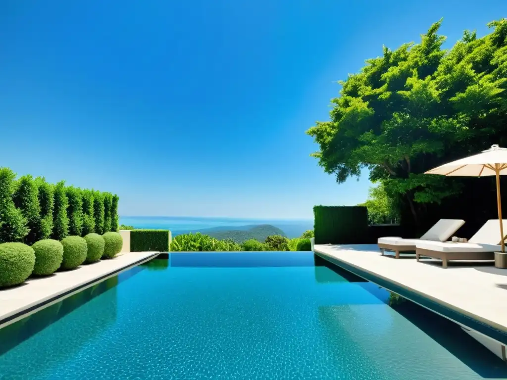 Piscina de agua magnética cristalina y relajante Una piscina reluciente y serena bajo el sol, rodeada de exuberante vegetación y muebles modernos