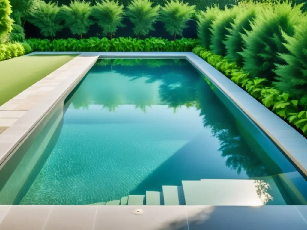 Espléndida piscina cristalina rodeada de vegetación exuberante Una piscina reluciente bajo el sol, rodeada de exuberante vegetación