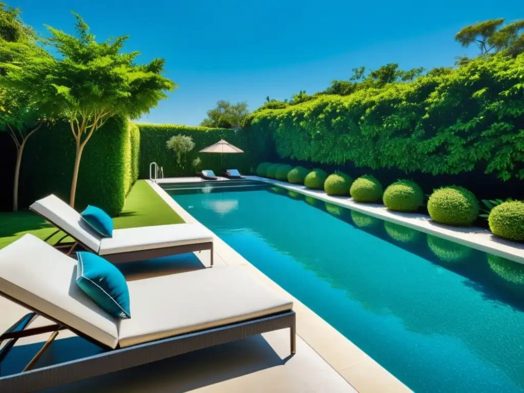 Tranquilidad y limpieza en una piscina encantadora Una piscina serena y acogedora rodeada de exuberante vegetación, bañada por la cálida luz del sol