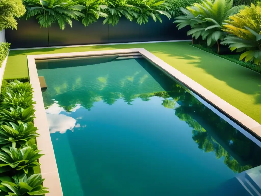 Una piscina serena con agua cristalina rodeada de exuberante vegetación y bañada por la cálida luz del sol