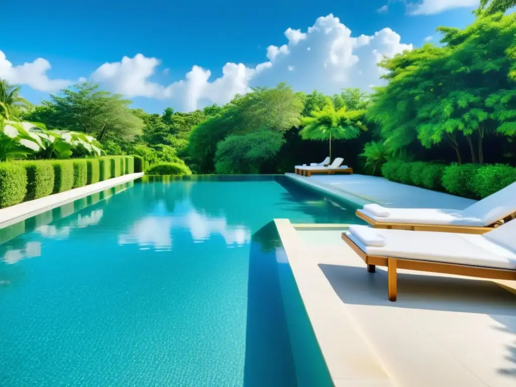 Piscina serena rodeada de naturaleza exuberante Una piscina serena y moderna rodeada de vegetación exuberante, bañada por la cálida luz del sol