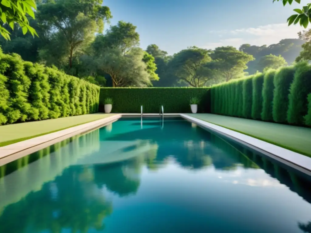 Piscina ecológica y relajante rodeada de vegetación exuberante Una piscina serena y moderna rodeada de exuberante vegetación, con técnicas de desinfección sin cloro, creando un ambiente tranquilo y saludable