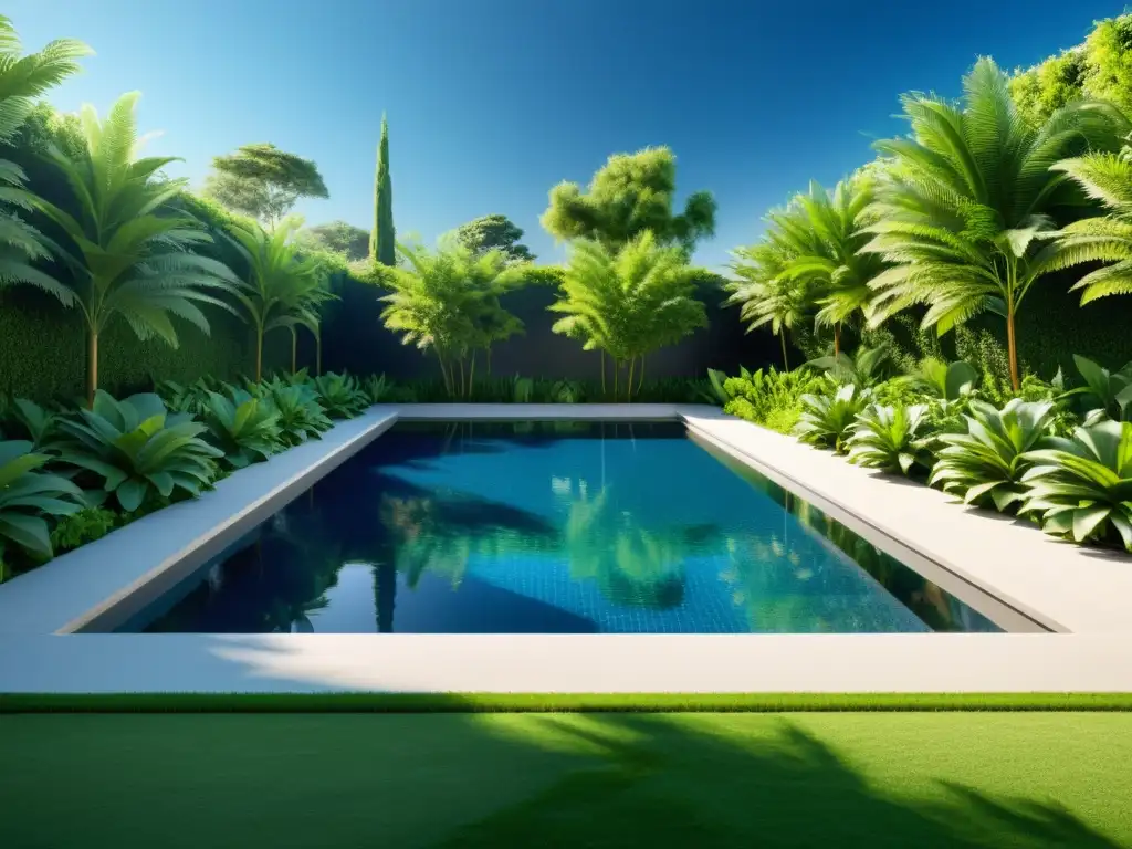 Piscina de diseño moderno y natural, rodeada de vegetación exuberante Una piscina serena, rodeada de vegetación exuberante y bañada por la luz natural