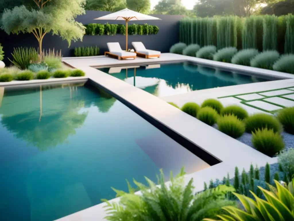 Piscina sostenible de lujo con materiales ecofriendly Una piscina sostenible con materiales ecofriendly, entorno natural y diseño tranquilo