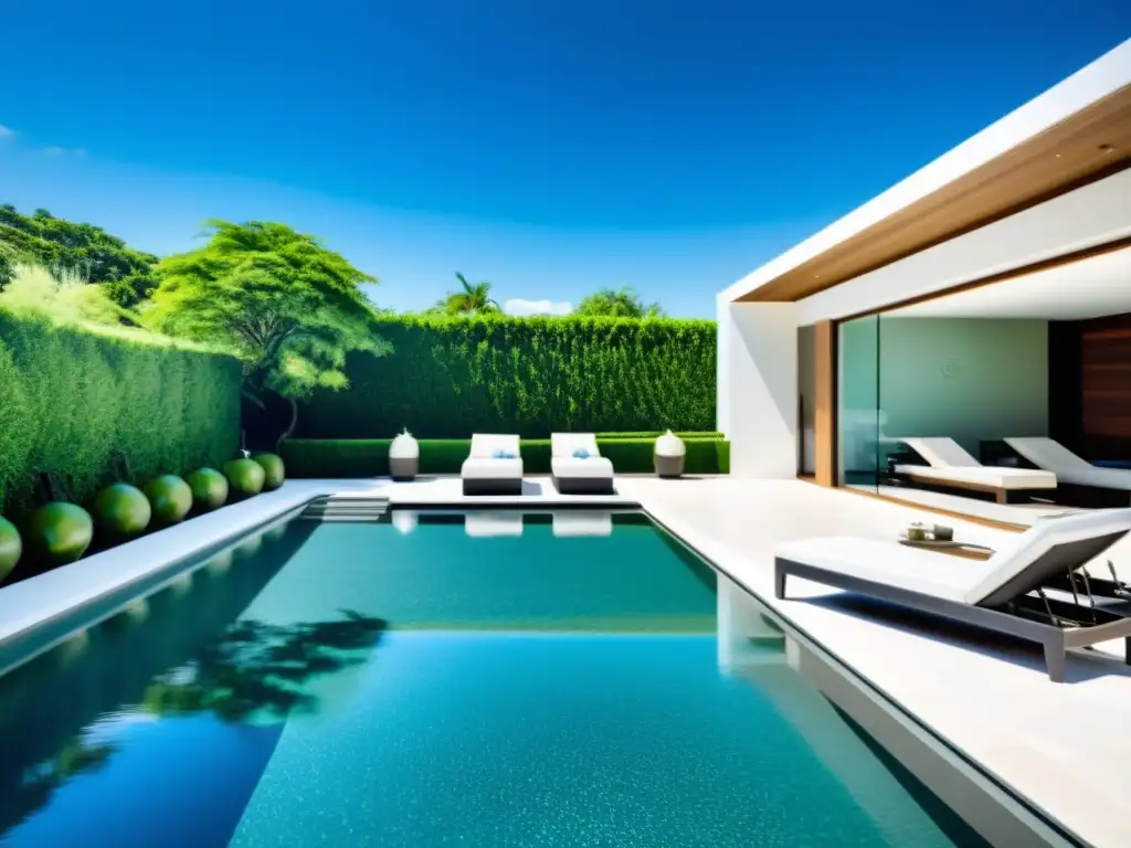 Exclusiva área de piscina y spa: relajación y lujo Una piscina y spa de lujo y diseño moderno rodeados de exuberante vegetación