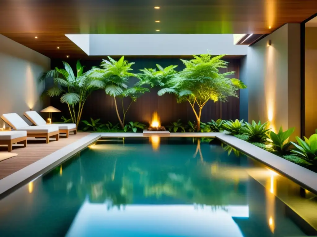Tranquilidad y terapia en piscina: guía profesional de hidroterapia Una piscina de spa moderna y serena rodeada de exuberante vegetación, con iluminación subacuática relajante