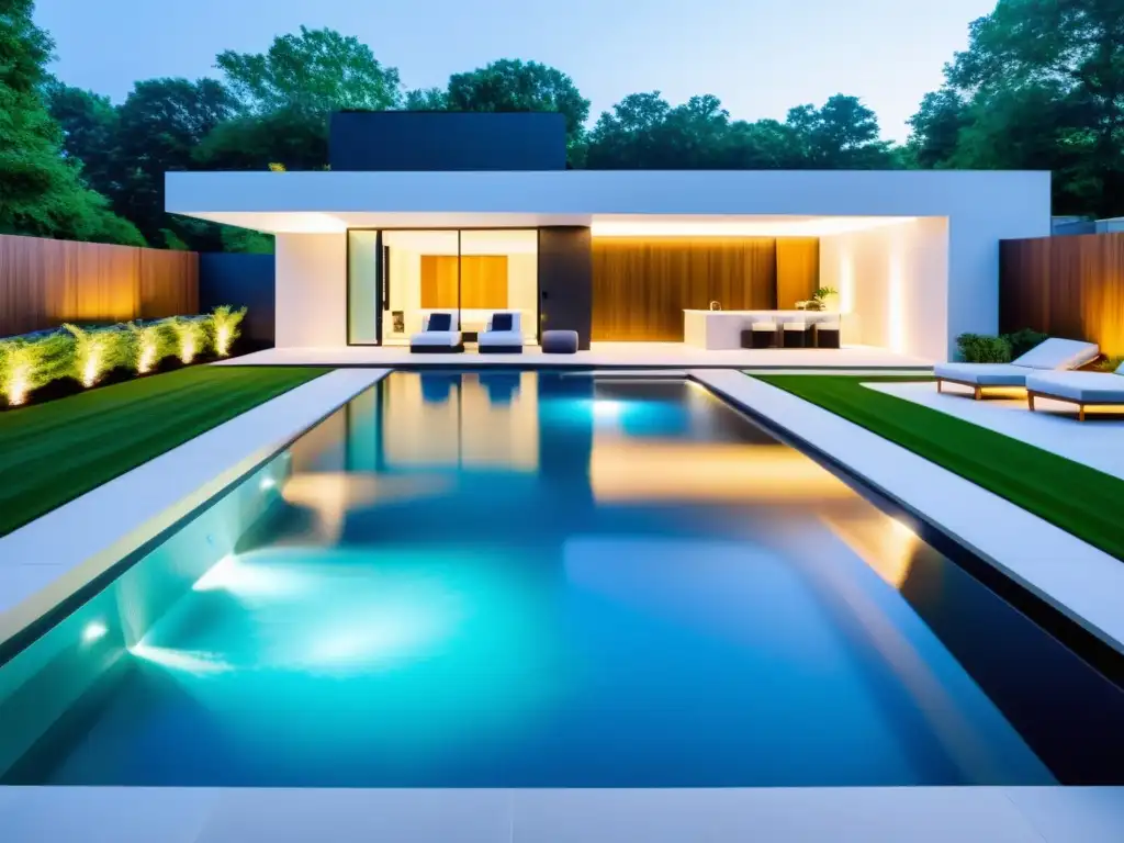 Piscina de lujo con tecnología inteligente en un jardín suburbano Piscina de tecnología punta revolucionó el hogar con lujo y sofisticación en patio suburbano