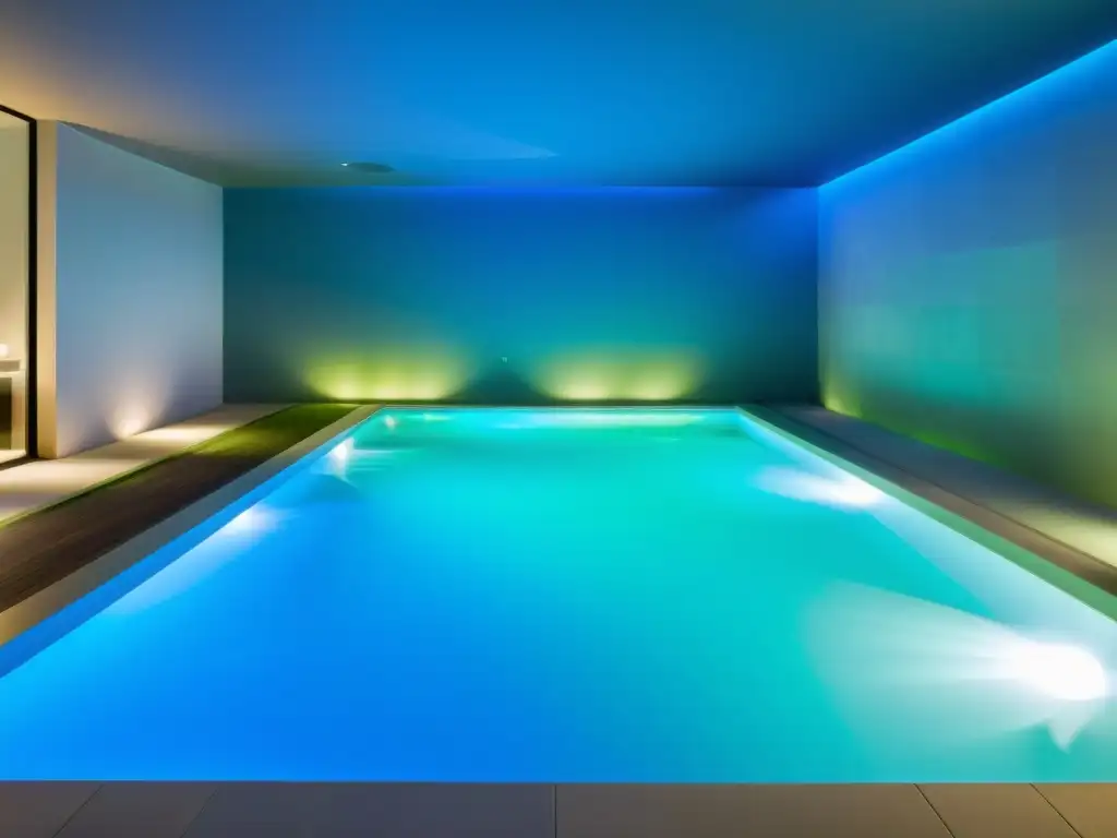 Una piscina terapéutica moderna y serena con luces LED subacuáticas, generando un efecto tranquilizador de colores