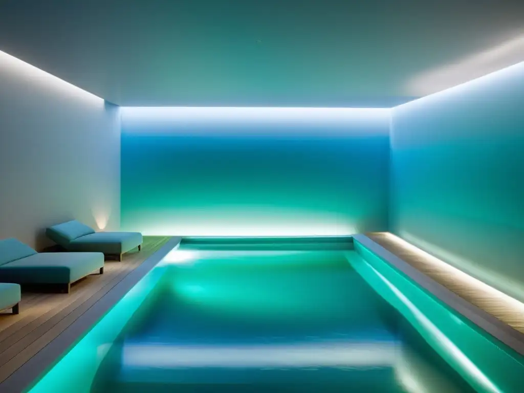 Una piscina terapéutica moderna y serena iluminada con luces LED en tonos azules y verdes, creando un ambiente tranquilizante