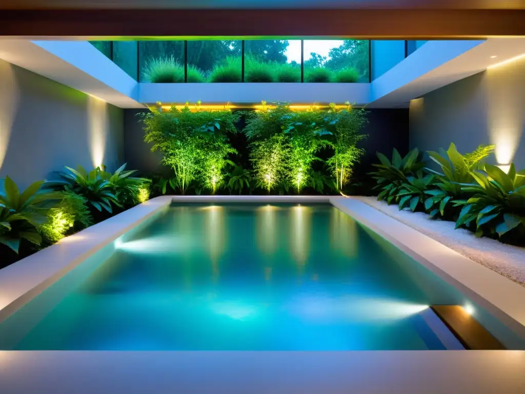 Una piscina terapéutica rectangular rodeada de exuberante vegetación, iluminada por luces LED subacuáticas, crea una atmósfera calmante y acogedora