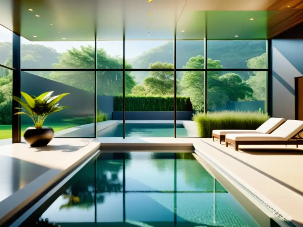 Piscina cubierta de lujo con paisaje sereno Piscinas climatizadas para hogar: Elegante piscina cubierta con diseño moderno, rodeada de vegetación exuberante y vistas serenas