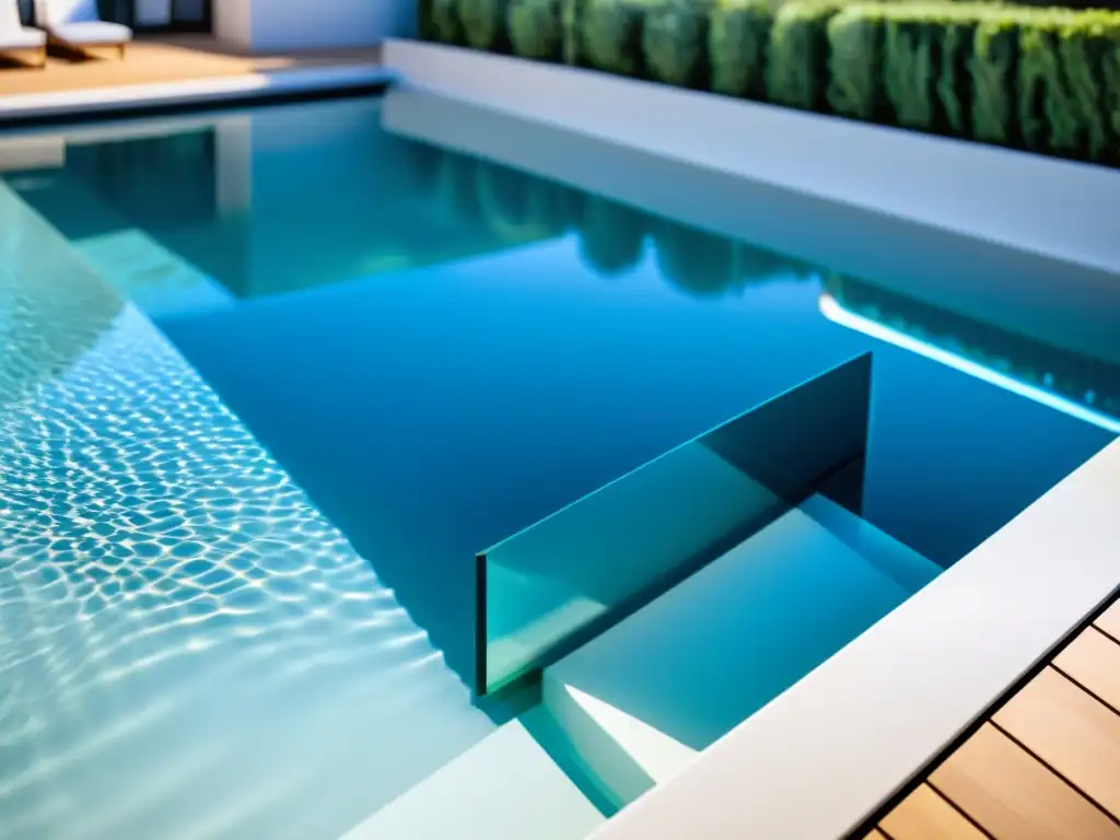 Filtración UV de Agua en una Piscina Moderna Filtración UV para piscinas: Detalle de sistema avanzado en una piscina moderna con agua cristalina y tecnología de vanguardia