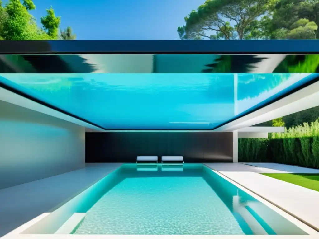 Piscina contemporánea con sistema de filtración UV Filtración UV para piscinas en un entorno moderno y refrescante, con agua cristalina y un diseño sofisticado que garantiza la purificación del agua