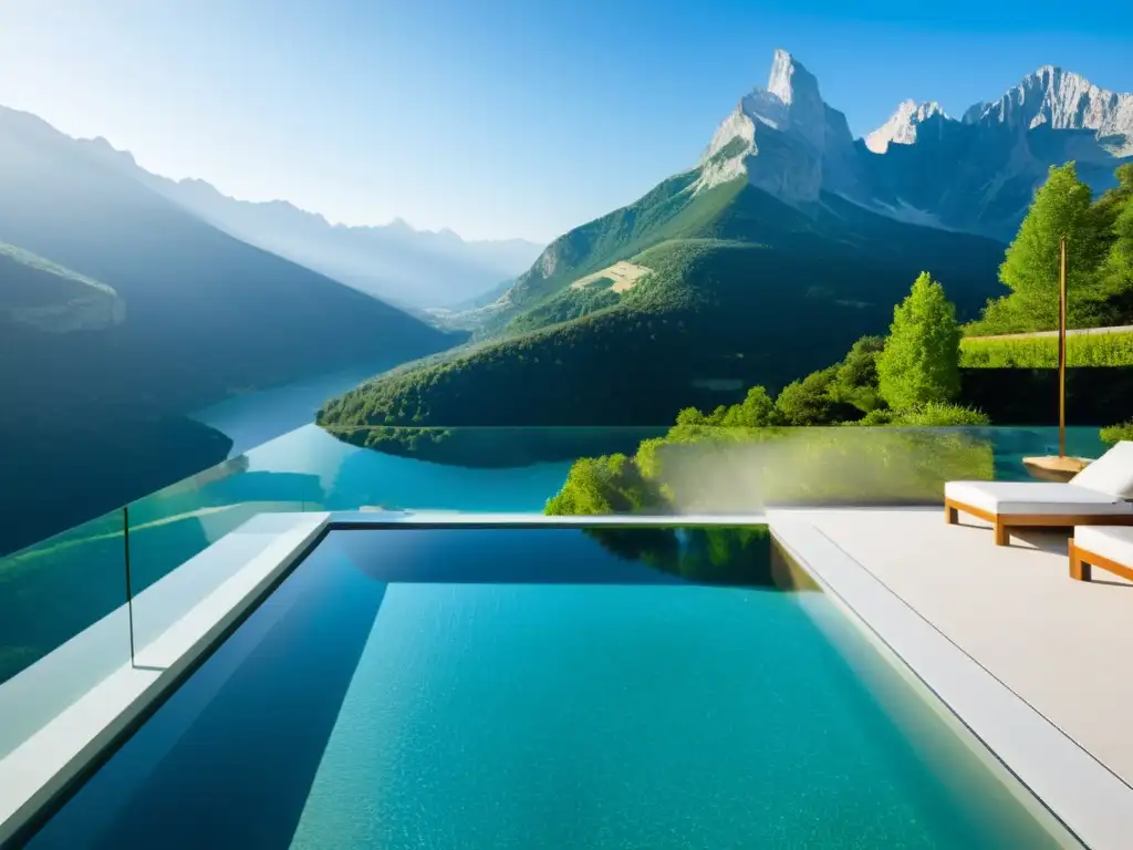 Piscina de cristal con vistas a la montaña Piscinas con paredes de vidrio: Una piscina moderna de lujo con paredes transparentes que dan a un impresionante paisaje montañoso
