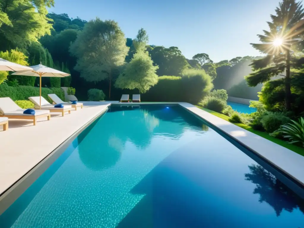 Piscina cristalina y purificada con tecnología UV Filtración UV para piscinas: Piscina cristalina, agua azul brillante, vegetación exuberante y nadadores disfrutando
