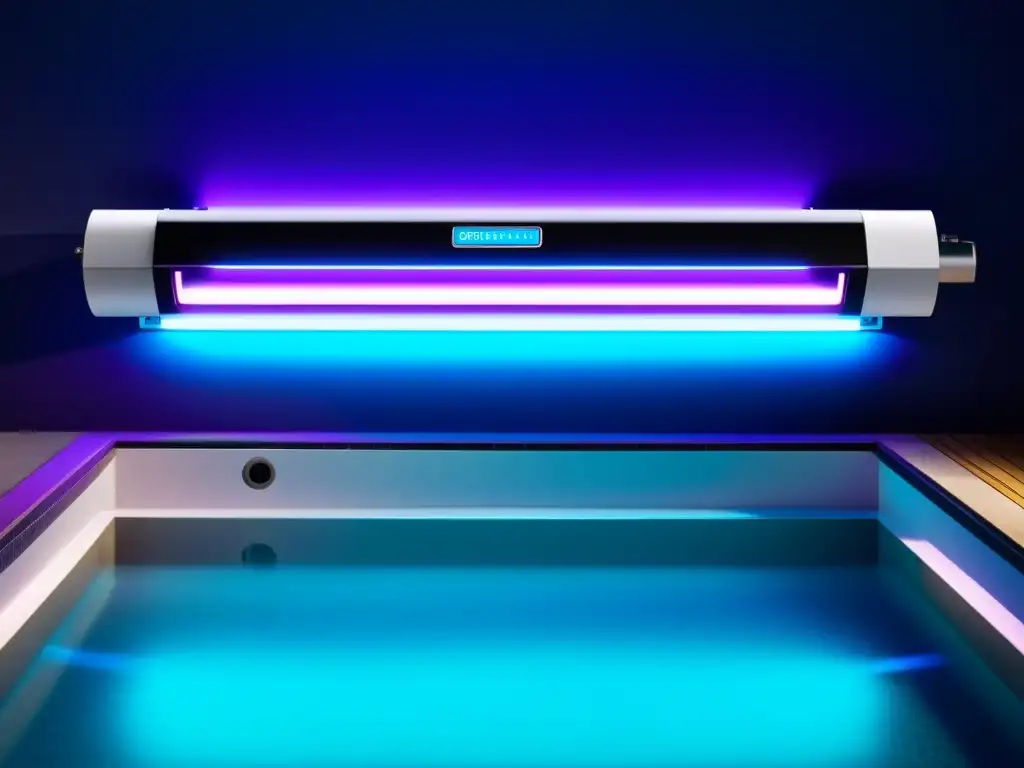 Desinfección de Agua UV: Tecnología Futurista en Piscina Desinfección alternativa para piscinas saludables: Sistema UV moderno en piscina de alta tecnología, purificando el agua con luces azules y moradas