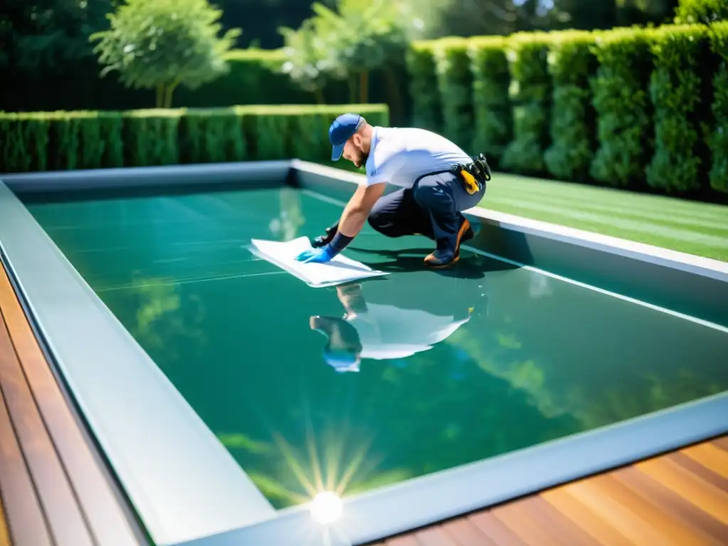 Instalación de cubierta de piscina transparente bajo el sol brillante Instalación profesional de cobertores de piscina para protección en un entorno lujoso y seguro, bajo el brillante sol