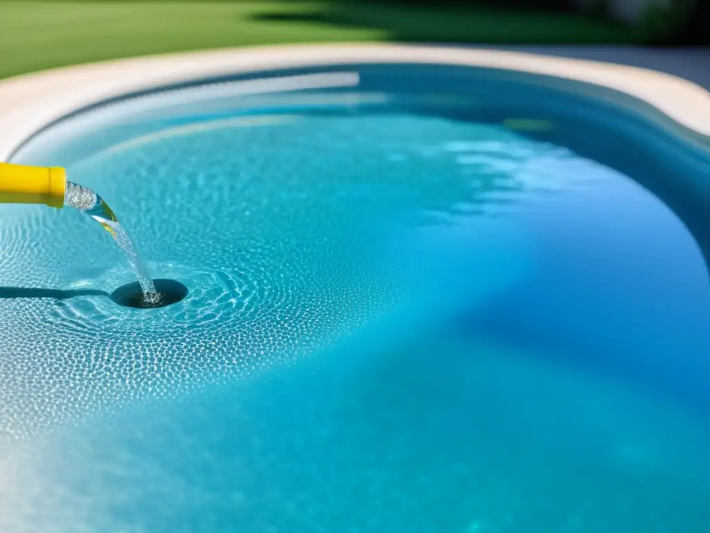 Floculante para piscinas: detalle ultranítido en 8k Un profesional vierte floculante para piscina cristalina en una piscina deslumbrante con agua cristalina y reflejos brillantes