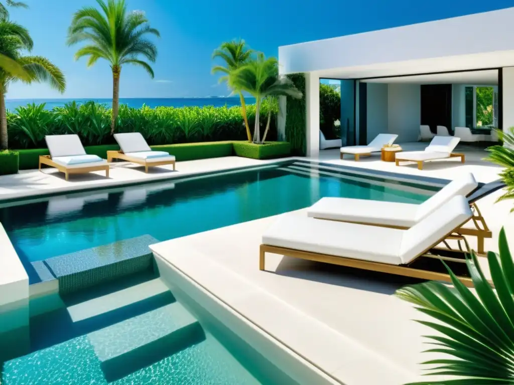 Piscina cristalina y relajante con modernas tumbonas blancas Relajante piscina con agua cristalina y modernas sillas blancas, rodeada de palmeras