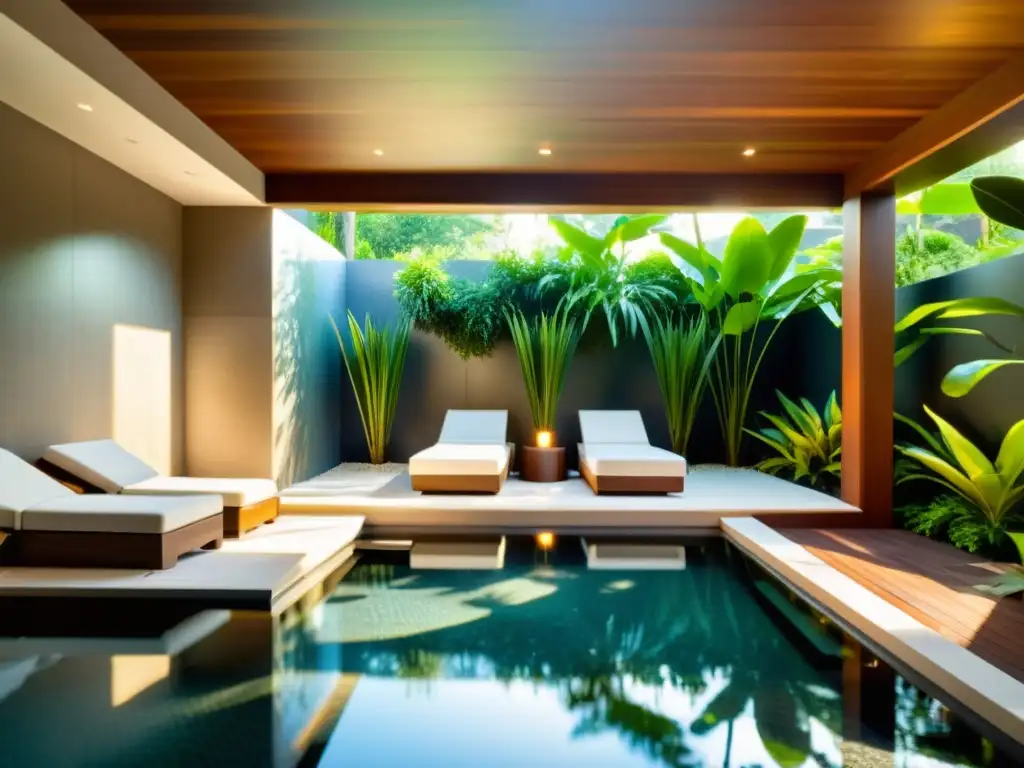 Relajante spa al aire libre rodeado de exuberante vegetación, con agua cristalina que refleja la luz del sol