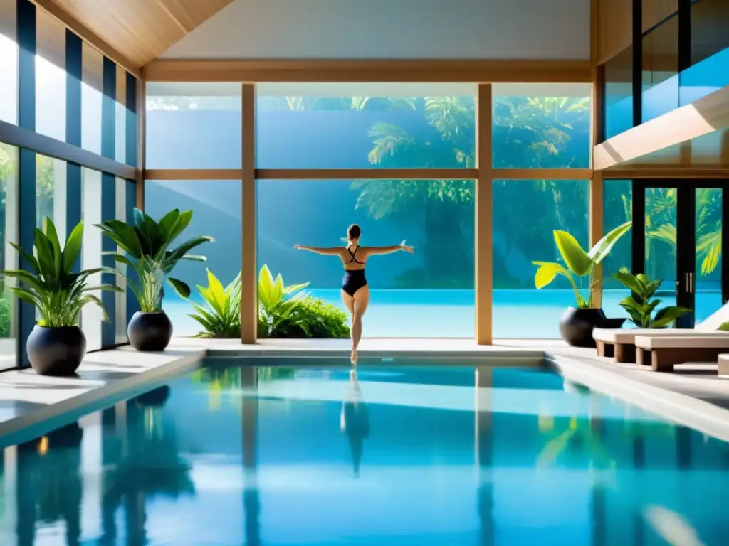 Aeróbicos acuáticos en moderno spa interior Un relajante spa interior con piscina cristalina y ejercicios fitness acuático spa en grupo, rodeado de diseño moderno y plantas tropicales