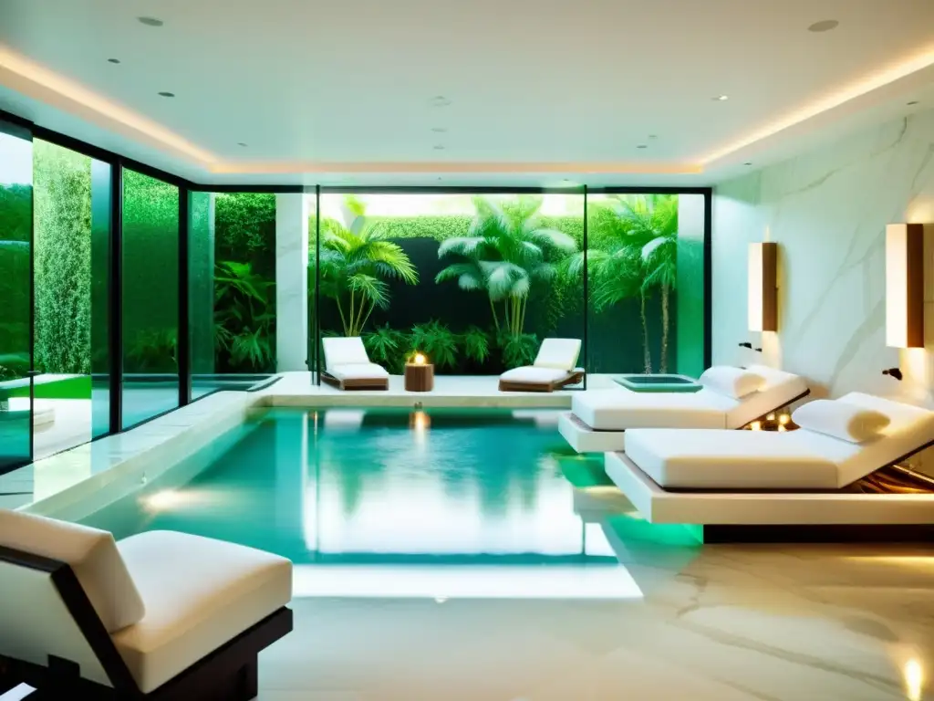 Spa de lujo con piscina de hidroterapia y vistas relajantes Relajante spa moderno con beneficios de hidroterapia en elegante entorno de mármol blanco y vegetación exuberante