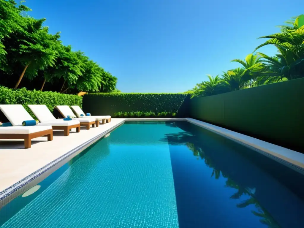 Piscina de lujo con suelo de baldosas antideslizantes Revestimientos antideslizantes para piscinas: Una lujosa piscina moderna con suelo de baldosas elegante y seguro, rodeada de exuberante vegetación y cómodas tumbonas, bajo un cielo azul vibrante reflejado en el agua cristalina