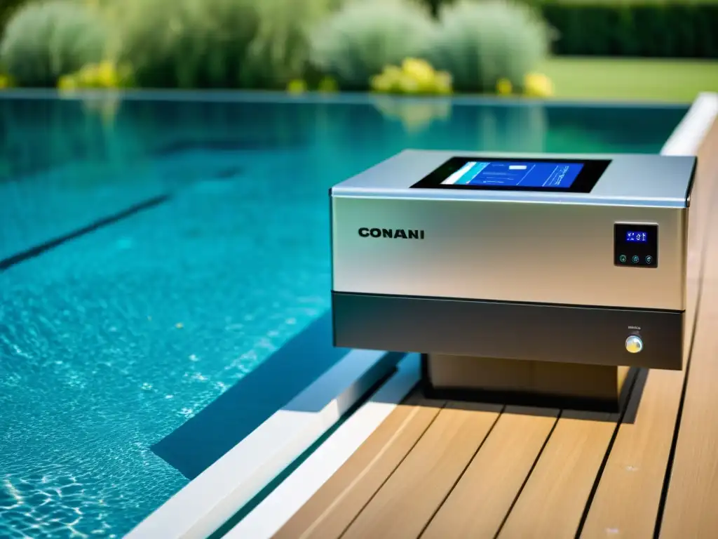 Purificación de agua de piscina ultramoderna Un sistema de purificación de agua para piscinas de última tecnología, con diseño futurista y agua cristalina