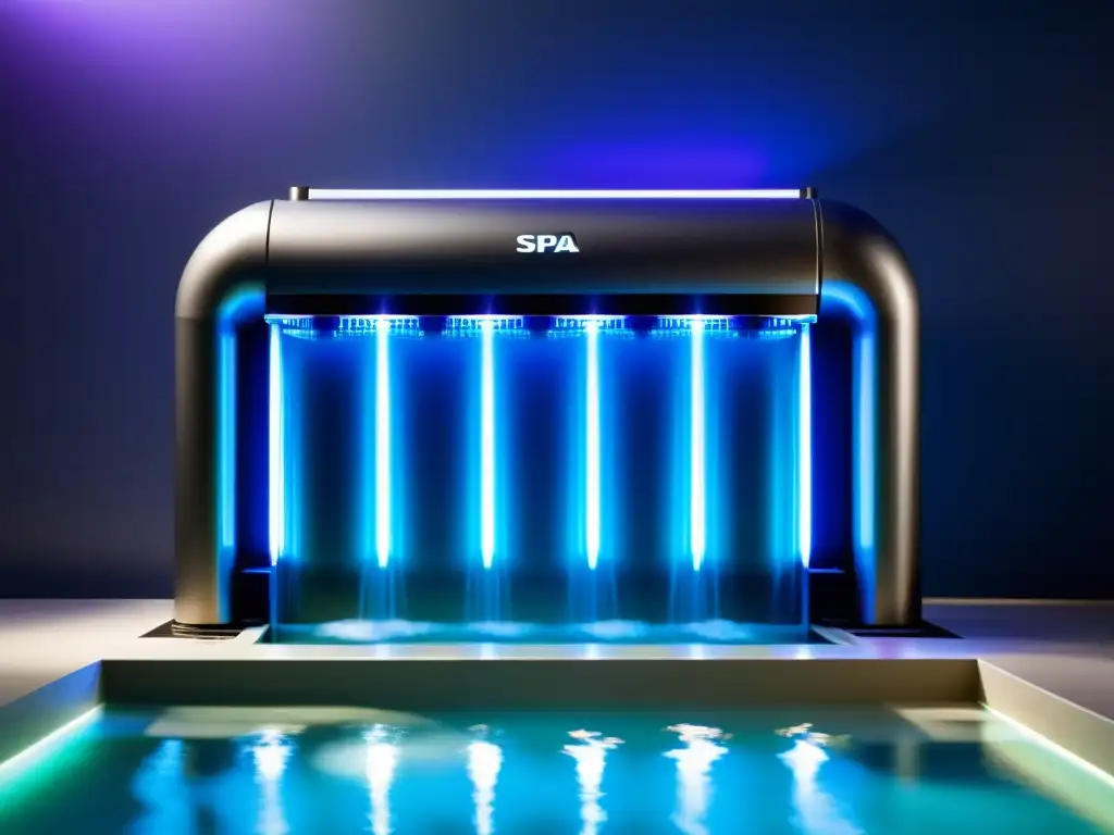 Purificación de Agua con Luz Ultravioleta en Spa Moderno Un sistema de purificación de agua ultravioleta de spa moderno y futurista en acción, destacando los beneficios de la purificación ultravioleta