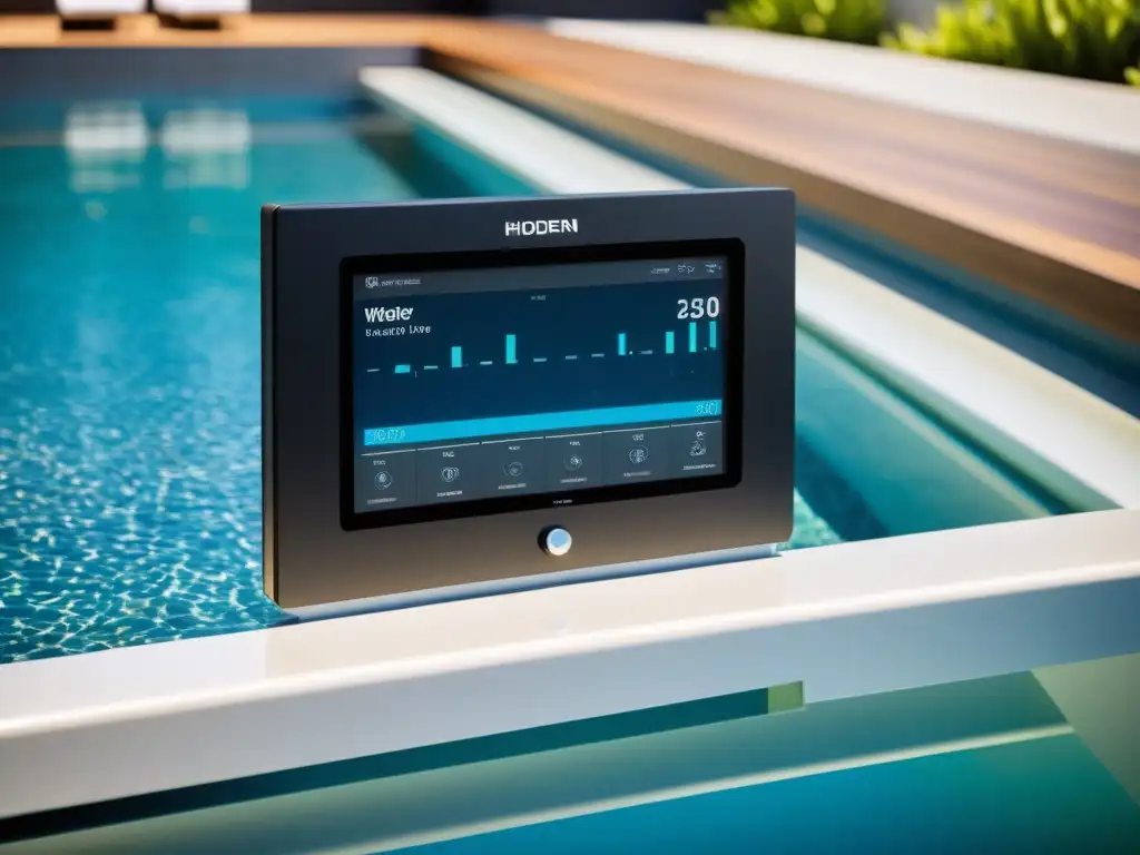 Análisis digital de agua para piscinas: tecnología innovadora Un sistema de análisis de agua digital para piscinas, mostrando tecnología avanzada integrada en un entorno de ocio y relajación
