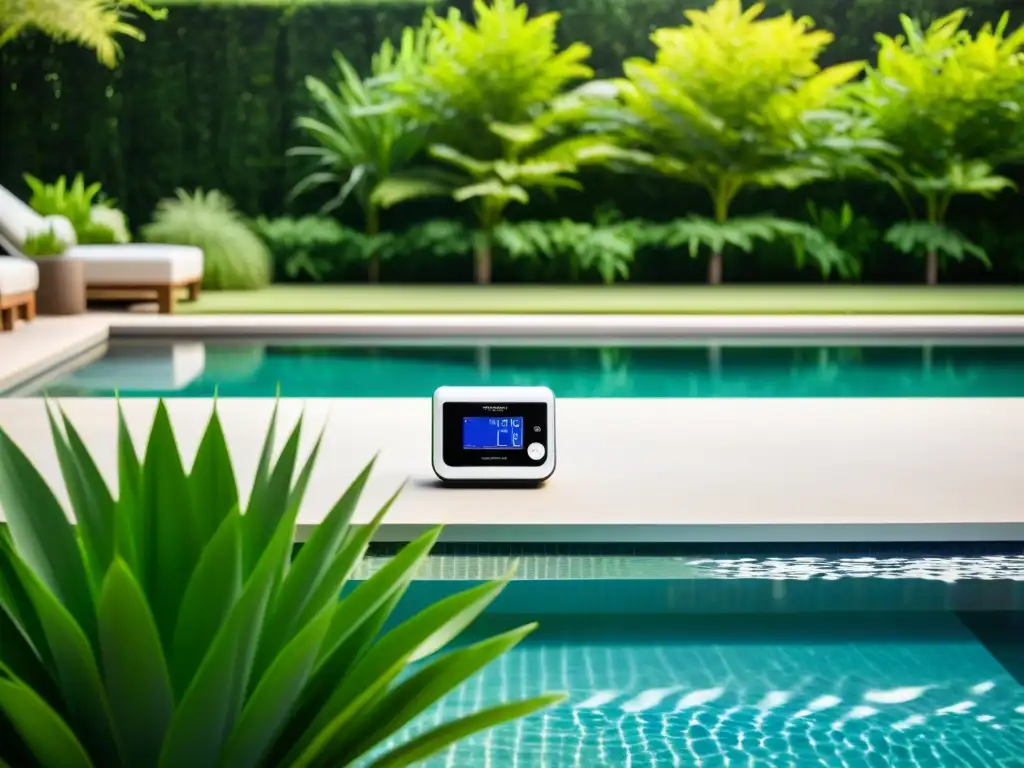Sistema de Análisis de Agua al Lado de una Piscina Cristalina Un sistema de análisis de agua digital moderno junto a una piscina cristalina, rodeada de exuberante vegetación y bañada por la cálida luz del sol