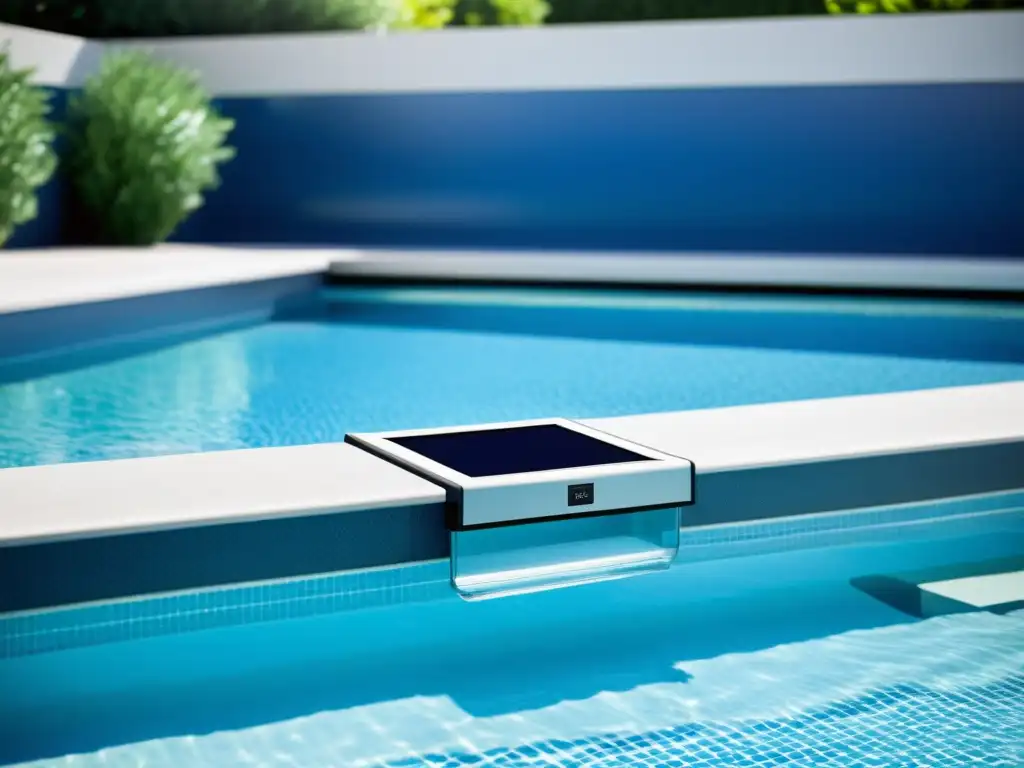 Sistema de análisis de agua digital junto a una piscina de lujo Sistema de análisis de agua digital para piscina de lujo, integrado con elegancia futurista y aguas cristalinas