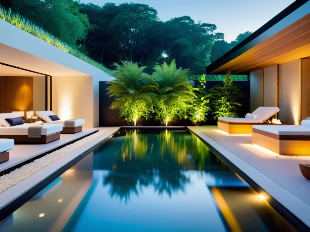 Spa de lujo con tecnología de análisis de agua Sistema análisis agua digital piscina en lujoso spa con diseño moderno, agua cristalina y ambiente sereno y sofisticado