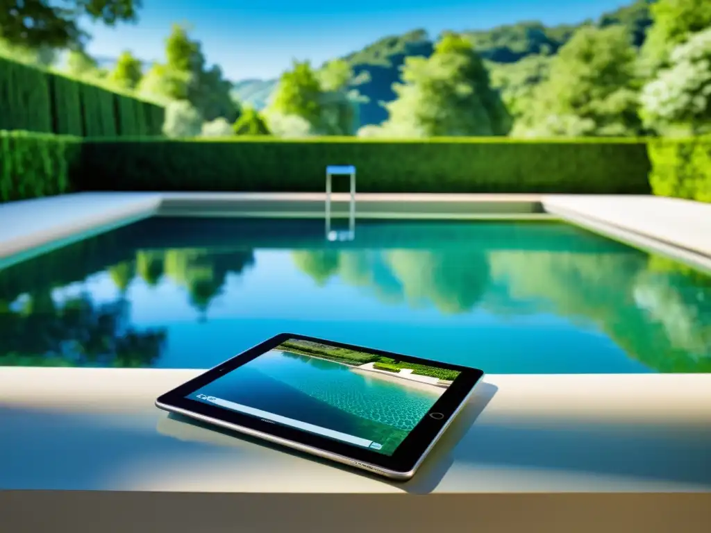 Piscina cristalina y sistema de análisis de agua de última generación Sistema análisis agua digital piscina: Piscina cristalina bajo el sol, rodeada de vegetación, con sistema moderno y tablet