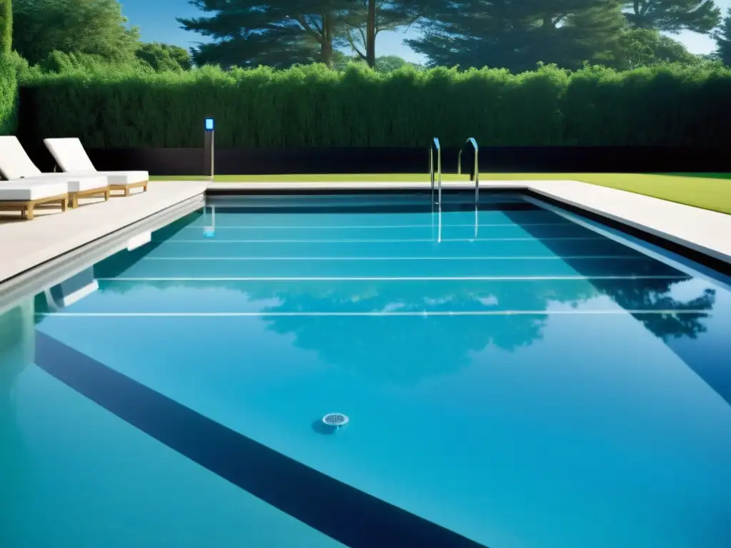 Análisis de agua junto a una piscina de lujo Un sistema de análisis de agua digital junto a una piscina, fusionando tecnología avanzada con la belleza natural