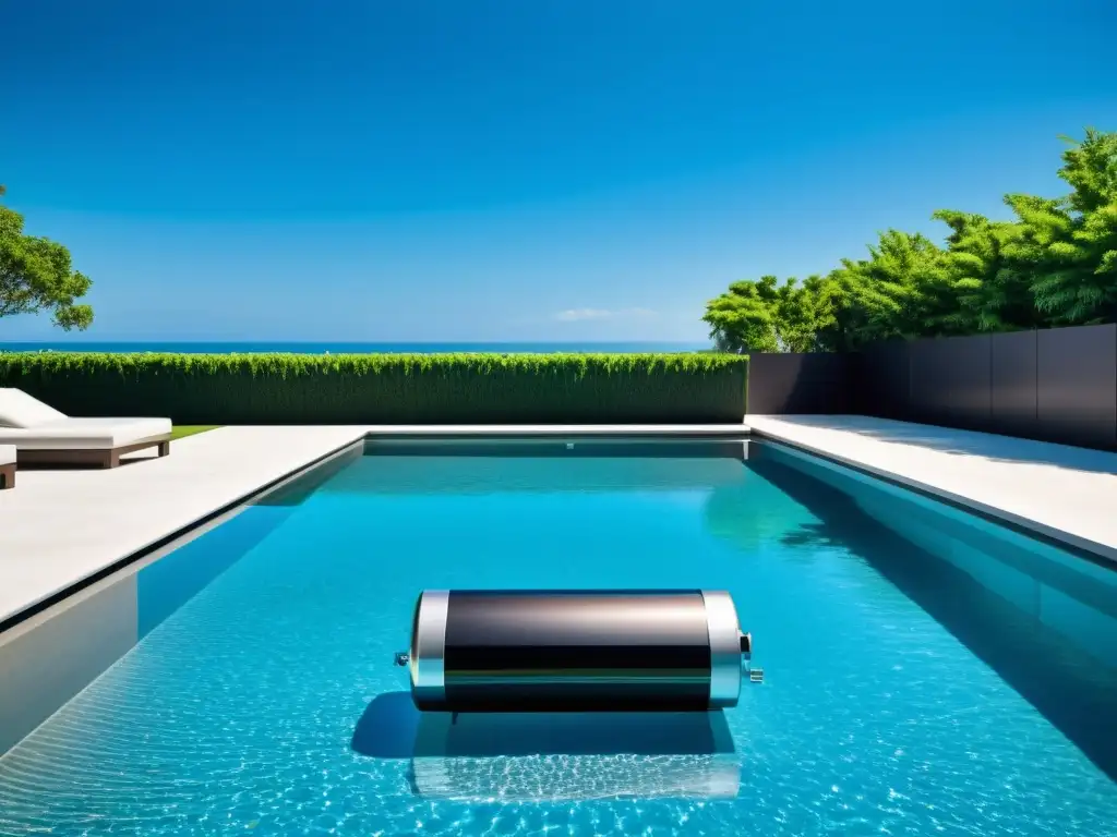 Calentador de piscina de alta tecnología en entorno de lujo Un sistema de calentador de piscina moderno y elegante junto a una lujosa piscina, creando una atmósfera serena