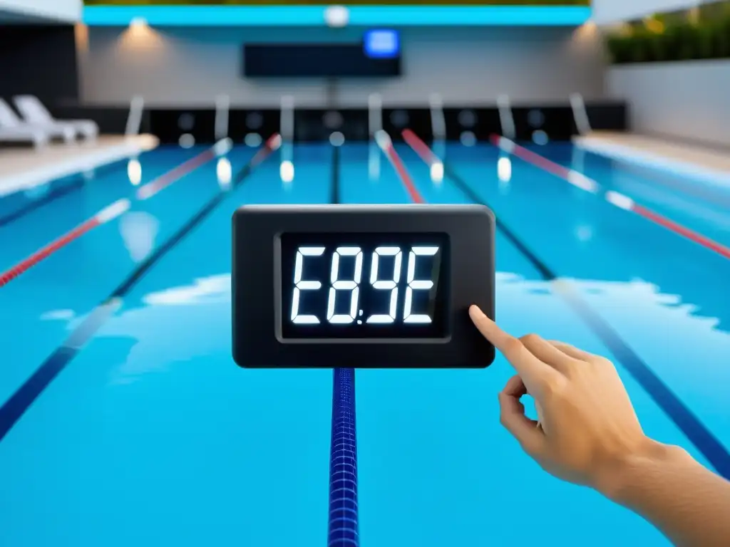 Sistema electrónico de cronometraje de piscina: precisión y tecnología Un sistema de cronometraje electrónico moderno instalado en borde de la piscina de competición