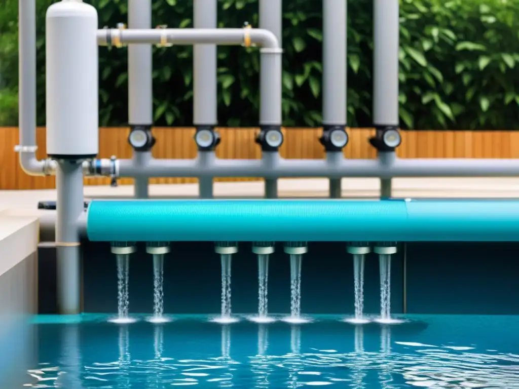 Sistema de Filtración de Piscina de Alta Tecnología en Acción Un sistema de filtración de piscina de alta tecnología en acción, purificando el agua a través de filtros y cámaras