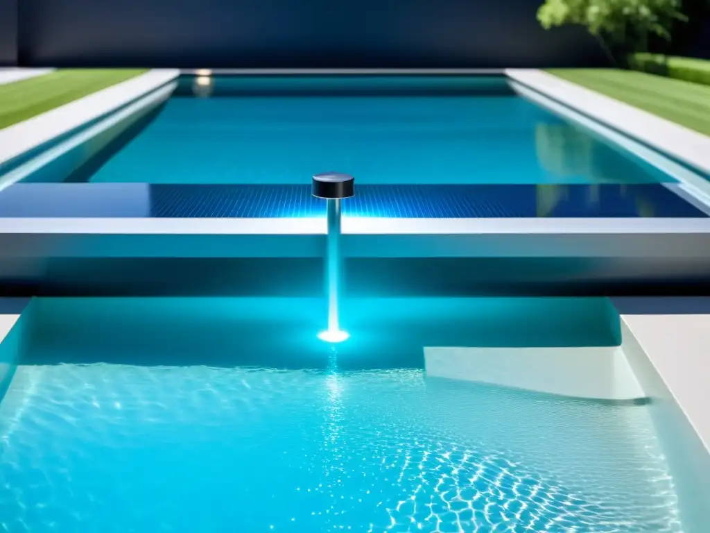 Un sistema de desinfección con luz UV para piscinas, con un diseño moderno y eficiente, emitiendo un suave resplandor azul en una piscina reluciente