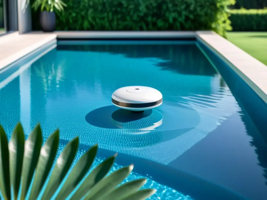 Sistema de alarma discreto en piscina Un sistema moderno de alarmas de piscina para seguridad integrado discretamente en el borde de una piscina azul