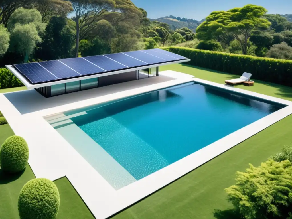 Piscina solar: eficiencia energética y diseño moderno Un sistema moderno de climatización de piscinas con paneles solares, diseño minimalista y entorno natural exuberante