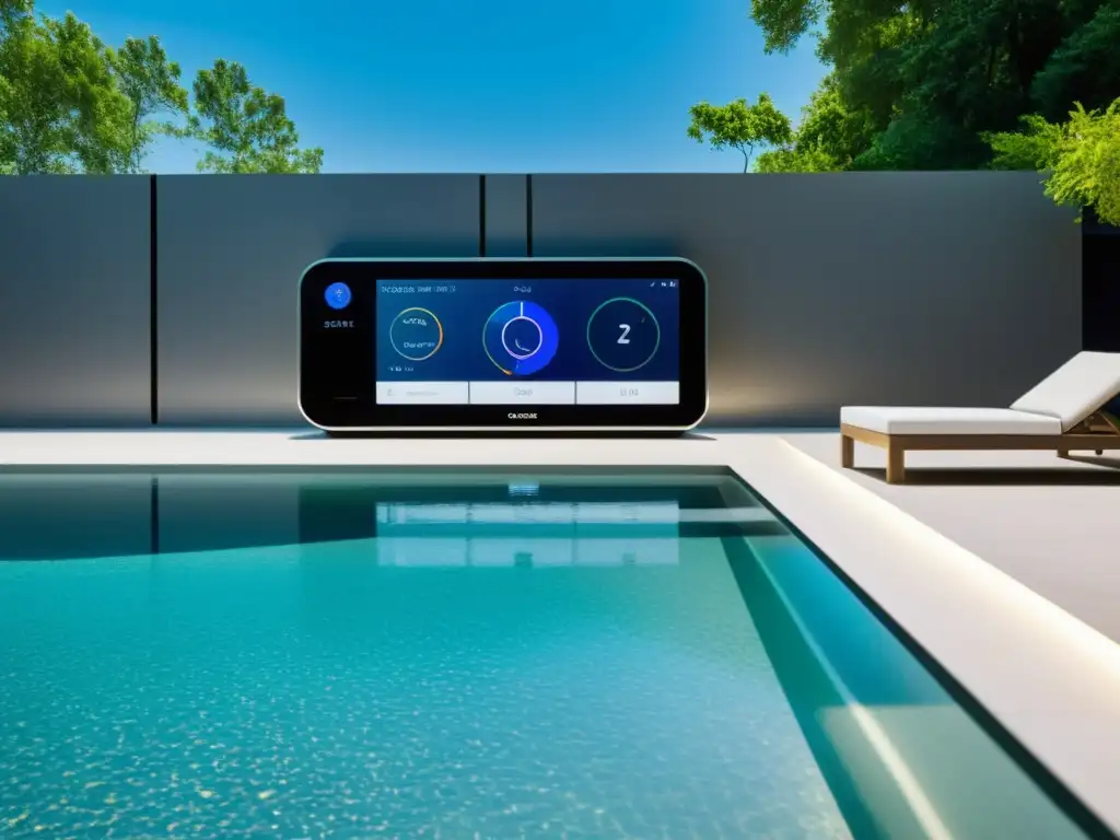 Sistema de monitoreo de piscina inteligente: tecnología de vanguardia para el hogar Un sistema de monitoreo de piscina tecnológico Smart Home con alertas integradas, en un entorno moderno y elegante