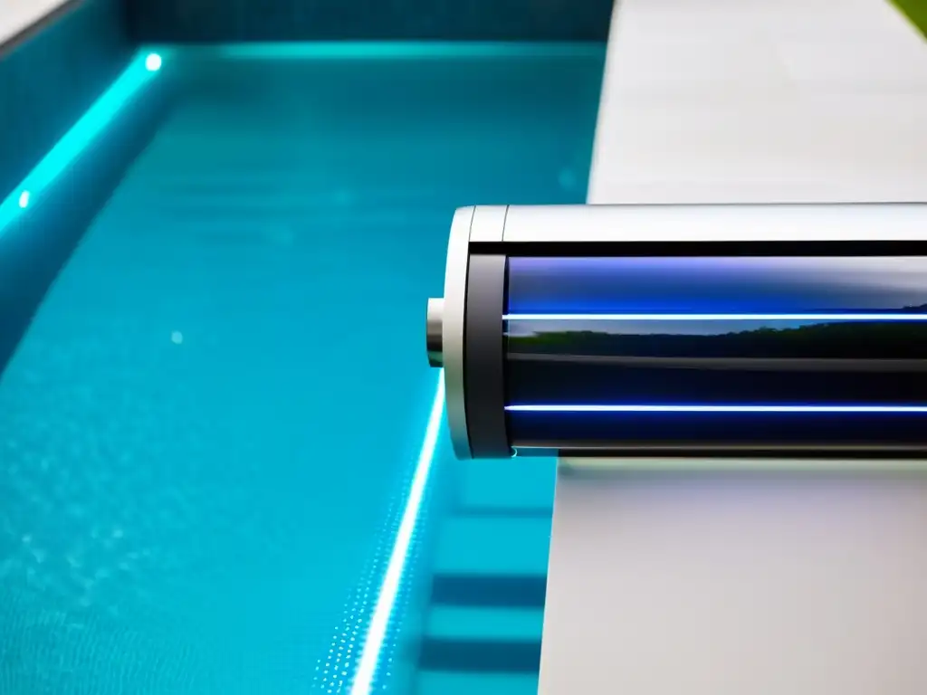 Sistema de filtración de agua con luz UV en piscina moderna Un sistema de filtración UV para piscinas en acción, mostrando tecnología sofisticada y eficiente en un entorno lujoso y moderno