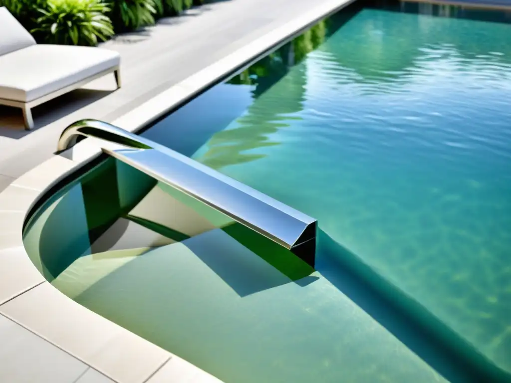 Skimmer de acero inoxidable en piscina cristalina Un skimmer de piscina eficaz de acero inoxidable pulido, integrado perfectamente en un entorno contemporáneo de piscina