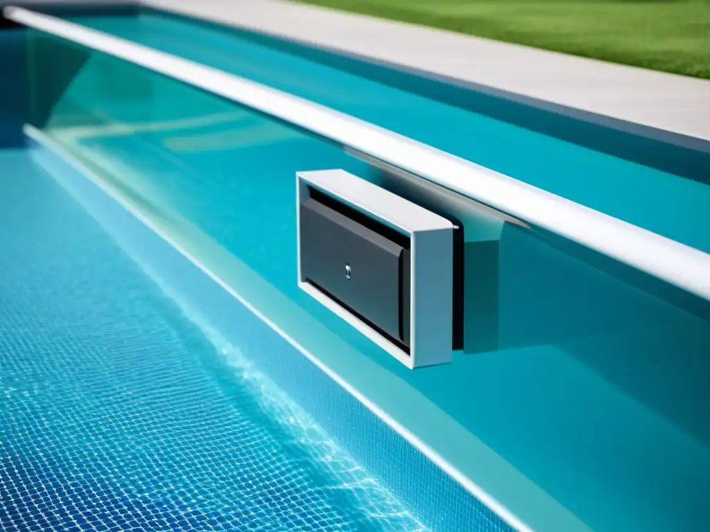 Skimmer de piscina moderno y eficiente en agua cristalina Un skimmer de piscina eficaz y moderno, instalado en una piscina cristalina