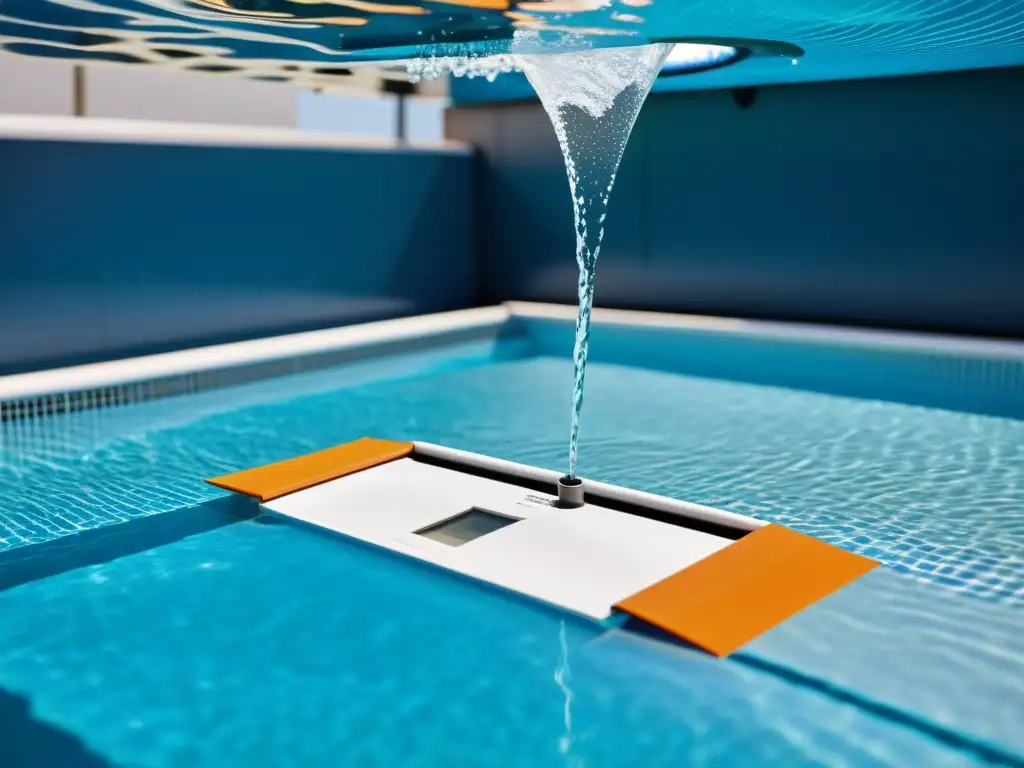 Skimmer de piscina de alta tecnología en acción Un skimmer de piscina eficaz en acción, capturando la red de filtros y bombas, manteniendo el agua cristalina