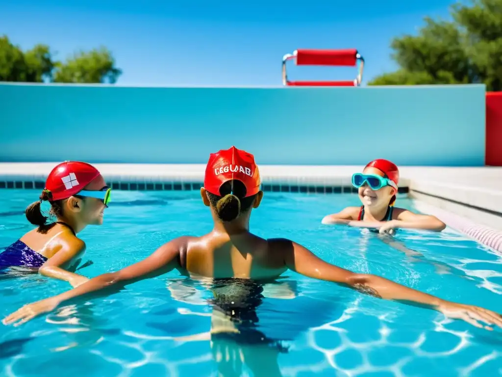 Vigilancia en la piscina: niños nadan en aguas cristalinas Un socorrista supervisa a niños practicando natación en una piscina turquesa