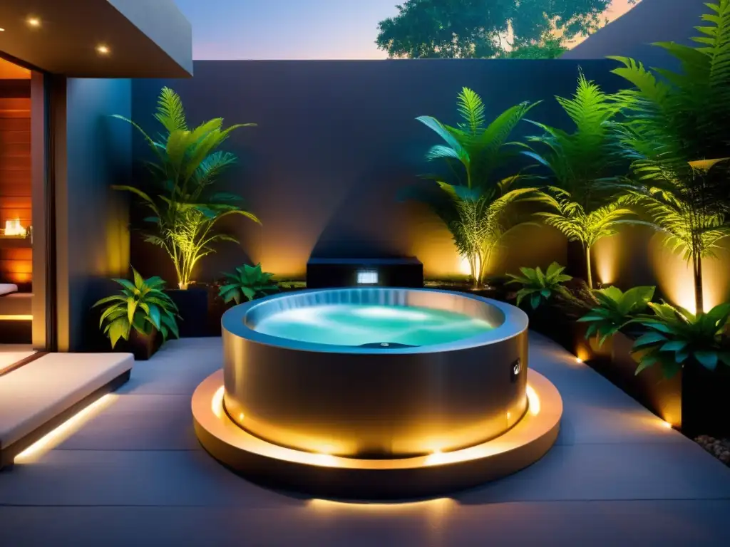 Spa al aire libre rodeado de vegetación exuberante, con vapor ascendente y cálida luz del atardecer, ofrece beneficios terapéuticos en casa