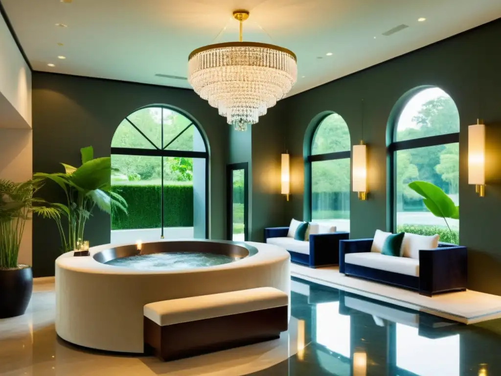 Spa de lujo: elegancia, relajación y naturaleza Recepción de spa de lujo con decoración moderna, chandelier de cristal, jardín tranquilo